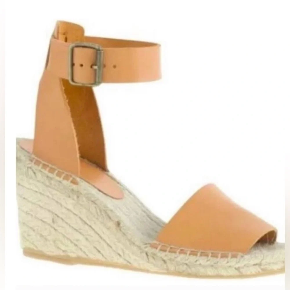 J.Crew Corsica Caramel Leather Ankle Strap Espadrille Wedge Sandals Size 8